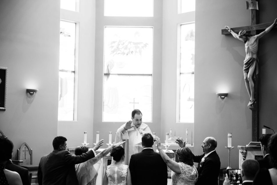 Black and White Wedding Photojournalism and candid moments // Short wedding dress catholic Ceremony Wedding Photography Victoria BC by FunkyTown Photography