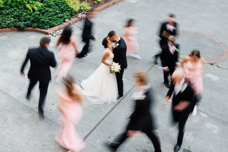 Creative wedding bridal party portrait pink dresses