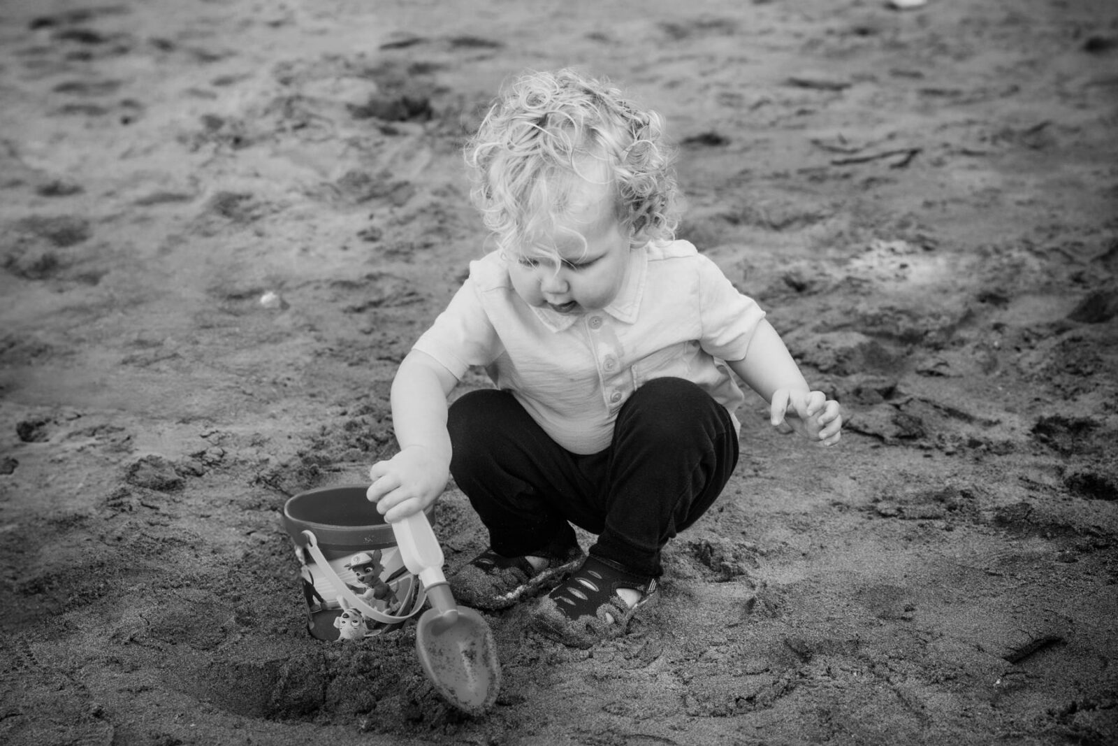 A two year old blonde boy plays in the sand at the beach with his shovel in victoria BC