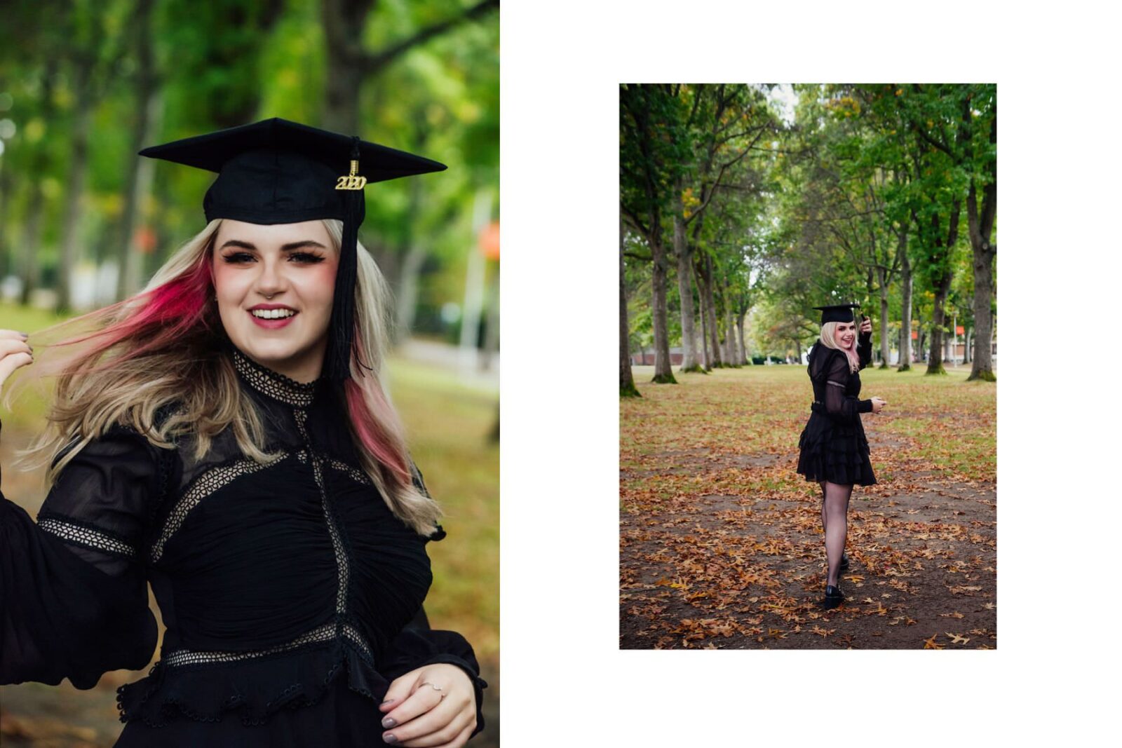 A Uvic Grad wearing her grad outfit taken in the fall in colour at UVic in Victoria BC