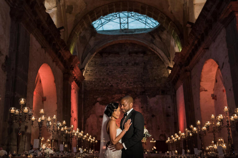 Dule Hill and Jazmyn Simon's celebrity wedding in Antigua, Guatemala. The couple is seen in La Viejo surrounded by candles at their reception.