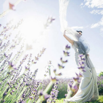 A bride with a blue couture gown in Victoria BC tossing her veil in a lavender garden